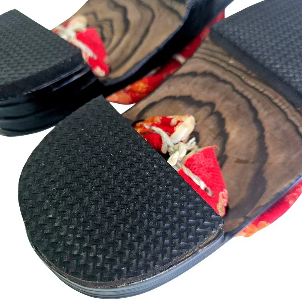 Japanese Geta Sandals Black Lacquer Red Floral Hanao S/M 6 to 7 Narrow - Picture 11 of 13